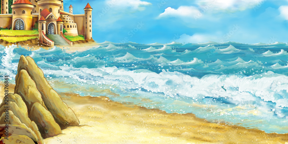 cartoon scene of beautiful castle by the beach and ocean or sea - illustration for children