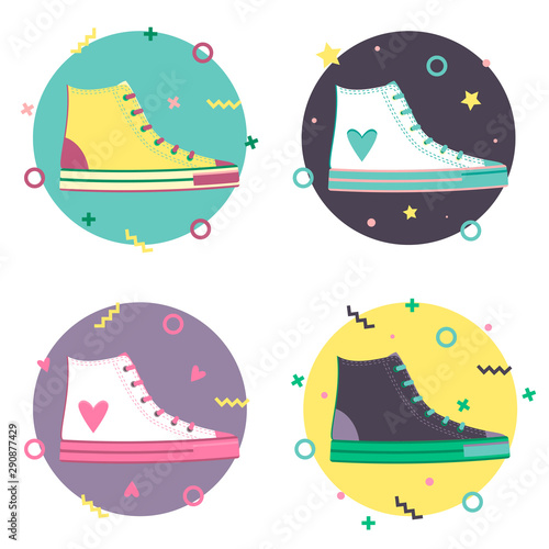 Set of vivid sneakers. Vector. Cartoon style. Great design for youth poster, t-shirt, card