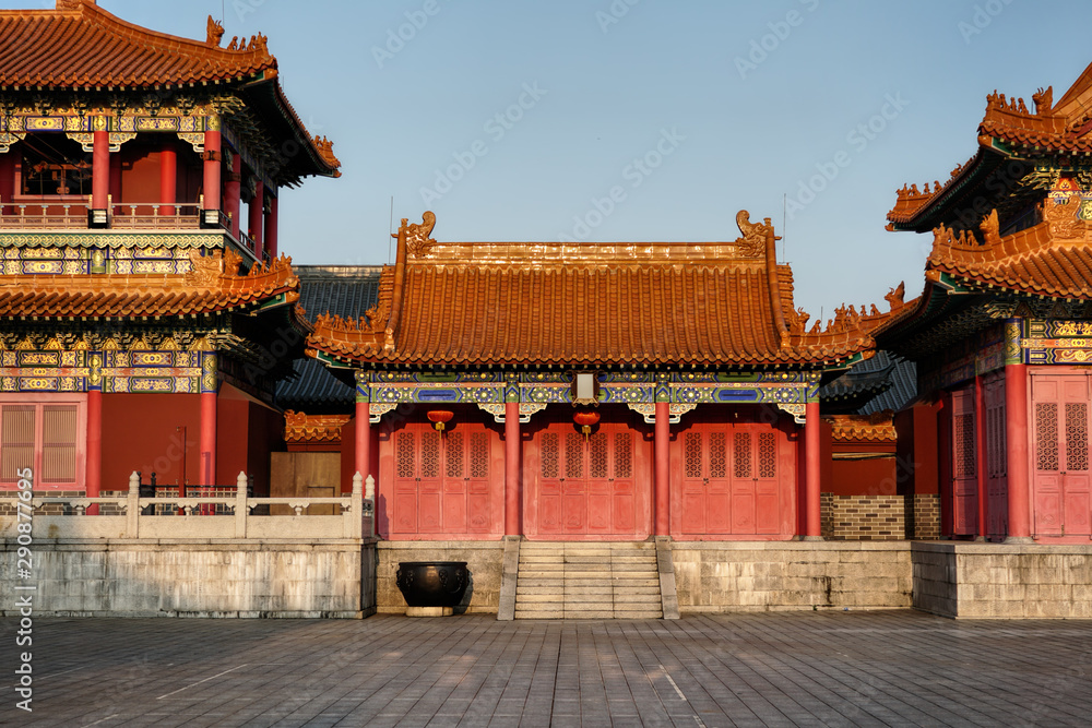 Fototapeta premium Xi Qiao Mountain Guoyi Movie and TV City, Foshan, China. Architectural view of small ornamented pavilions in Chinese traditional style.