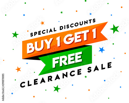 Buy 1 Get 1 Free Clearance Sale Tag, Banner Template, Special Discount App Icon, Logo Design, Sticker, Concept, Greeting Card Template, Poster, Unit, Label, Web, Mnemonic with stars background - Vetor