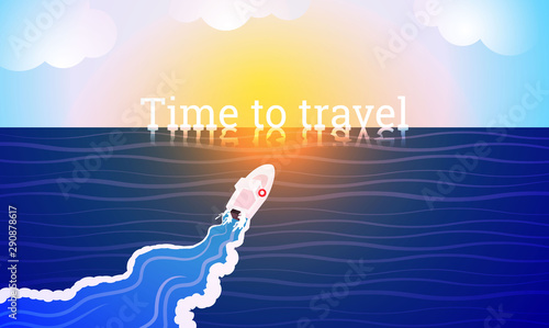 Boat floating in the sunset or sunrise. Time to travel slogan on the water.