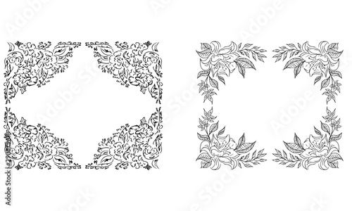 Tropical frame hand drawn. Jungle foliage illustration. Floral border. Hand drawing. Vector, isolated. Natural spring wedding card. Summer tropical leaf. Botanical frame. Line drawing