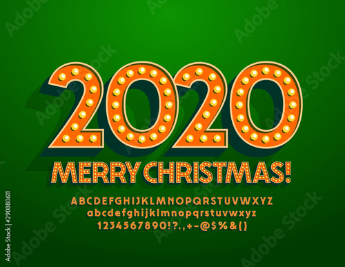 Vector light Merry Christmas 2020 Greeting Card with Alphabet. Electric lamp Font in Vintage Style.