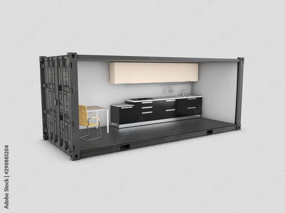 3d Illustration of Converted old shipping container into kitchen room, isolated gray 3d Illustration of Converted old shipping container into kitchen room, isolated gray
