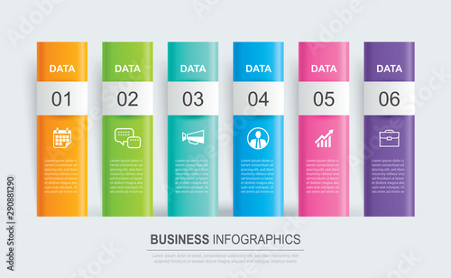 Infographics tab paper index with 6 data template. Vector illustration abstract background. Can be used for workflow layout, business step, banner, web design.