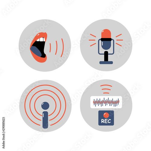 Set of grey badges with podcast symbols. Speaking mouth, microphone, voice wave, podcast, record.