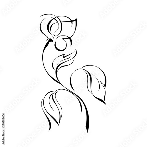 one stylized flower Bud on a curved stem with leaves in black lines on a white background
