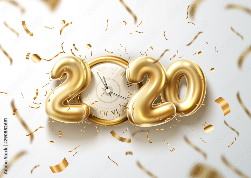 Vector 2020 new year holiday with realistic clock - obrazy, fototapety, plakaty 
