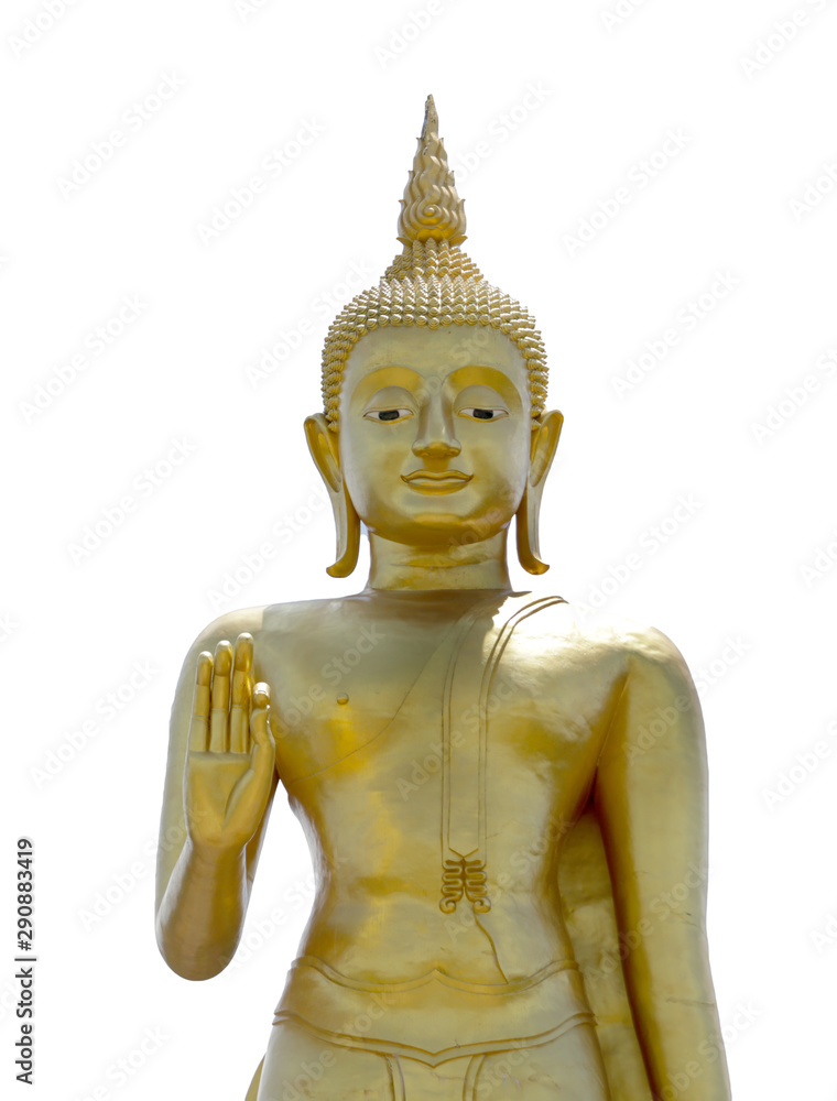 Golden buddha standing with one hand as for buddihst respect in Buddhism. Asian religion Golden buddha standing with one hand as for buddihst respect in Buddhism. Asian religion