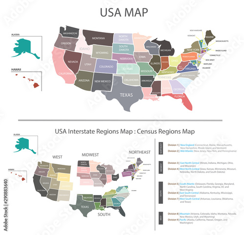 USA MAP vector graphic with Census regions interstates map pastel colours tone