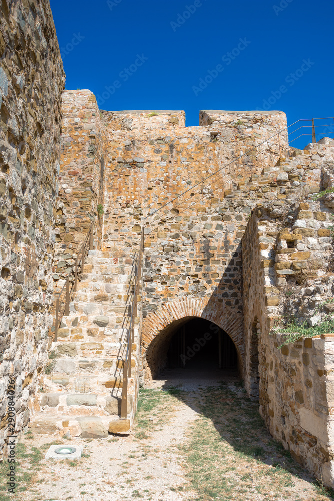 Scenic view of Venecian fortress Rio castle in Greece, near Rio-Antirio Bridge crossing Corinth Gulf strait, Peloponnese, Greece