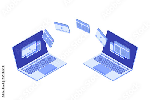 File transfer on notebook isometric concept.  Could representing syncing. Vector illustration