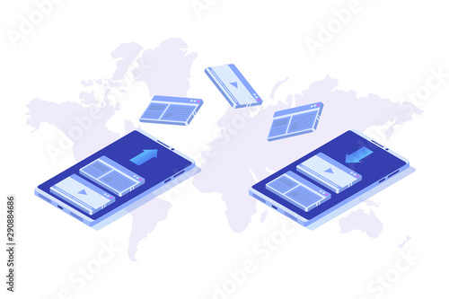 File transfer on smartphone isometric concept.  Syncing, Cloud technology. Vector illustration