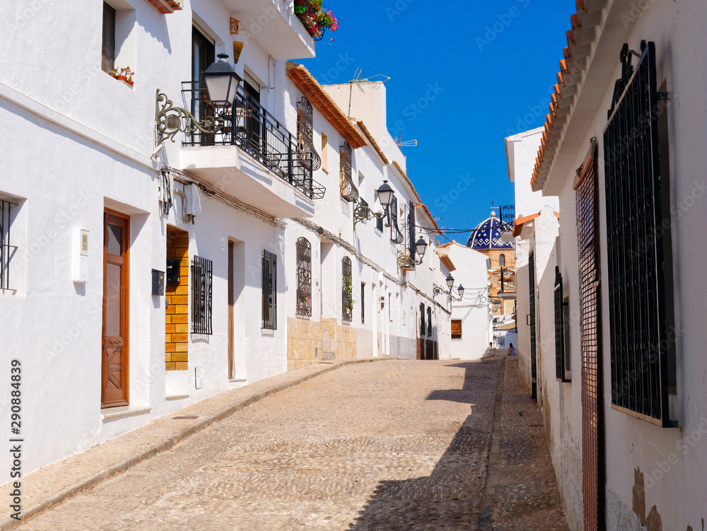 Beautiful narrow street of the old town of Altea. Spain.