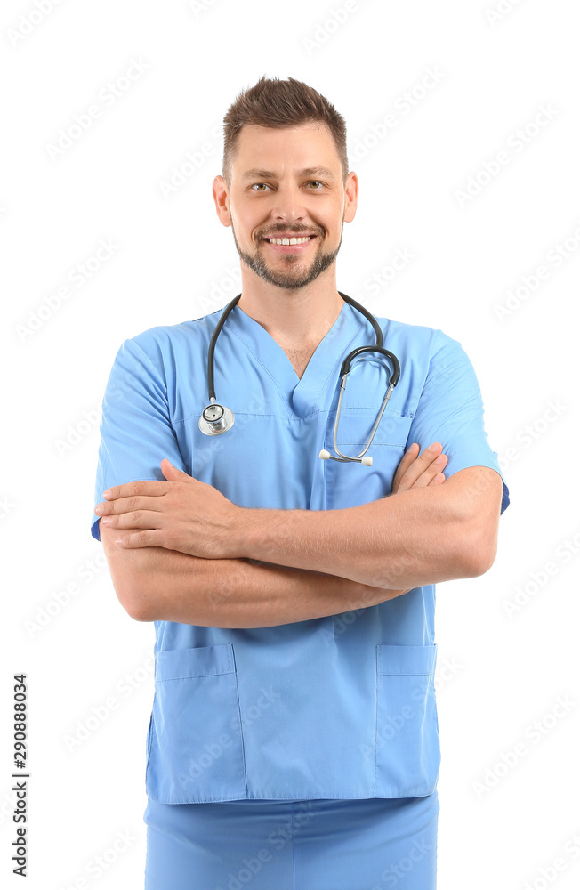 Male nurse with stethoscope on white background Male nurse with stethoscope on white background