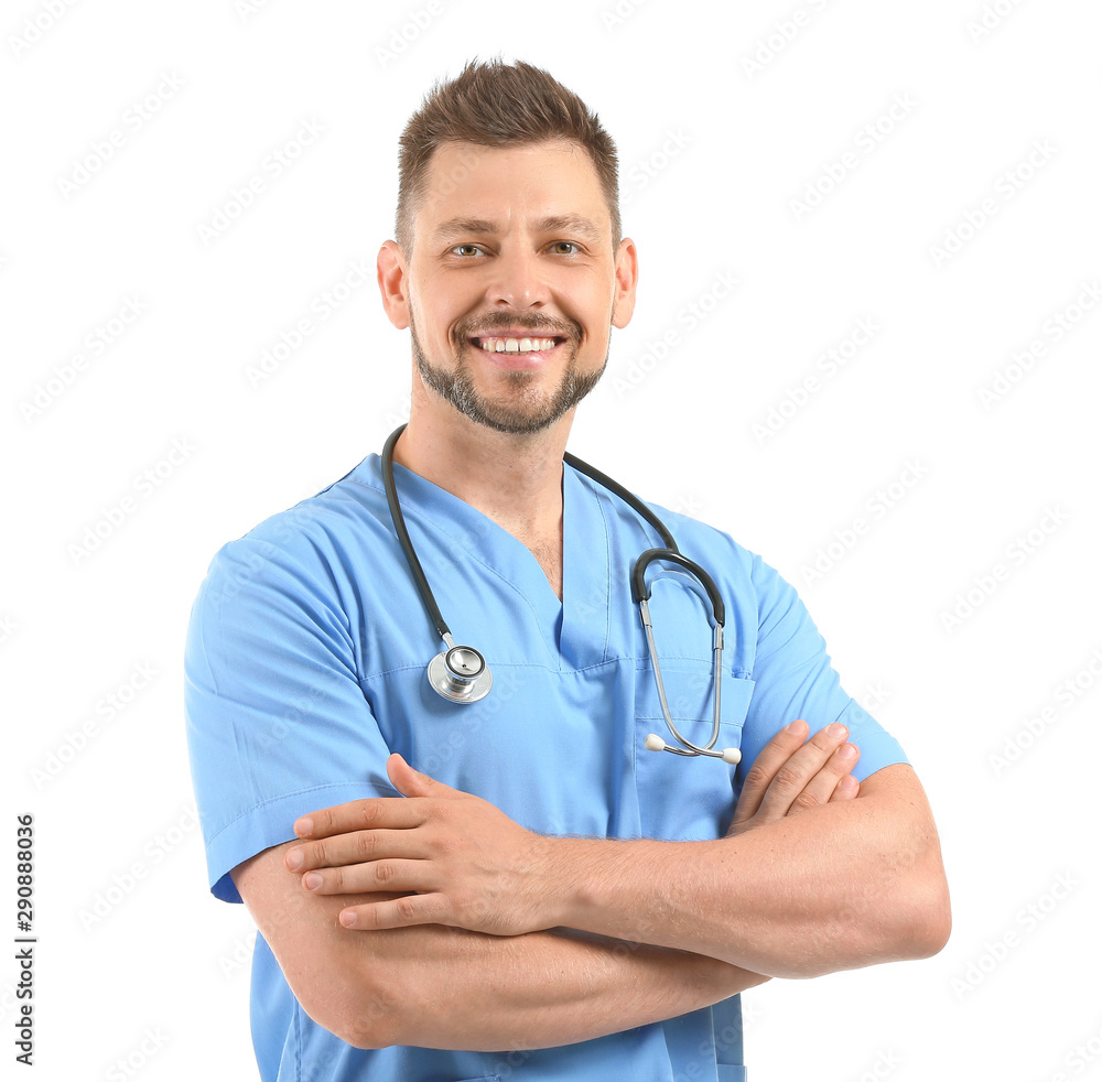 Male nurse with stethoscope on white background Male nurse with stethoscope on white background