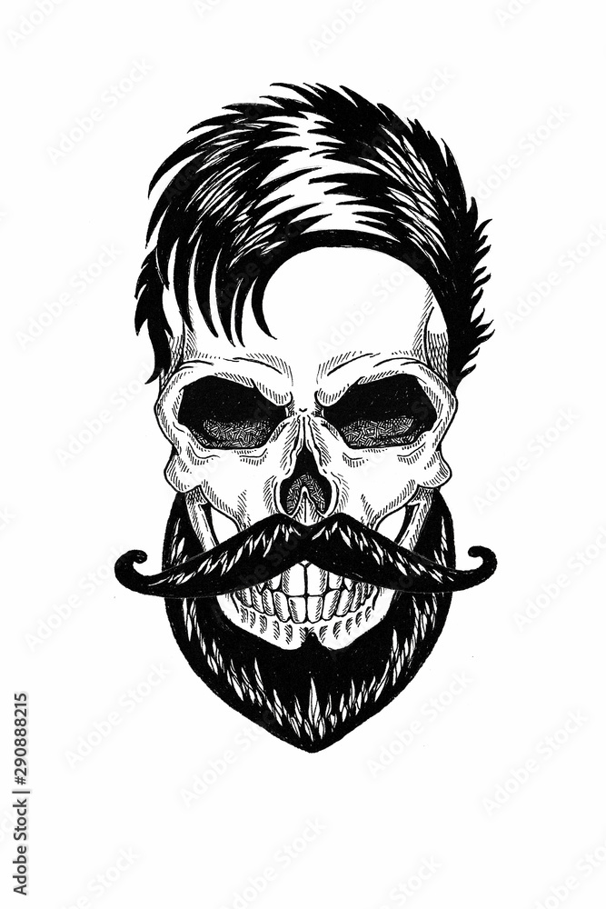 Monochrome illustration barbershop of skull with beard, mustache, hipster haircut and on white background, cartoon, angry, beautiful, brutal. Monochrome illustration barbershop of skull with beard, mustache, hipster haircut and on white background, cartoon, angry, beautiful, brutal.