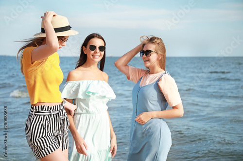 Happy young women on sea be...