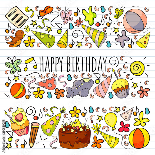 Drawing by pen on exercise notebook. Vector set of cute creative illustration templates with birthday theme design. Hand Drawn for holiday  party invitations.