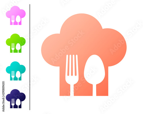 Coral Chef hat with fork and spoon icon isolated on white background. Cooking symbol. Restaurant menu. Cooks hat. Set color icons. Vector Illustration