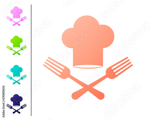 Coral Chef hat and crossed fork icon isolated on white background. Cooking symbol. Restaurant menu. Cooks hat. Set color icons. Vector Illustration