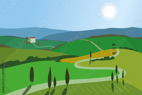 Landscape with mountains and hills. Tuscany, outdoor recreation background.