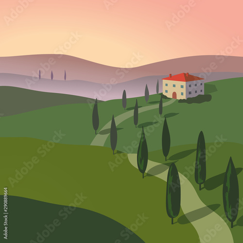 Landscape with mountains and hills. Tuscany, outdoor recreation background.