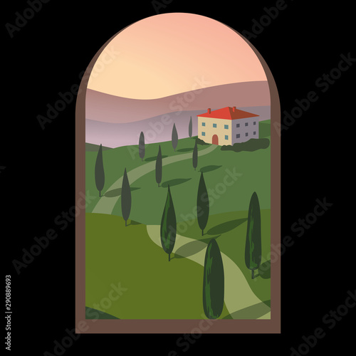 Landscape with mountains and hills through an old window. Tuscany, outdoor recreation background.