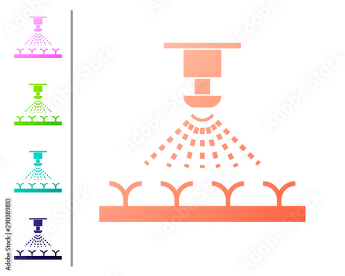 Coral Automatic irrigation sprinklers icon isolated on white background. Watering equipment. Garden element. Spray gun icon. Set color icons. Vector Illustration