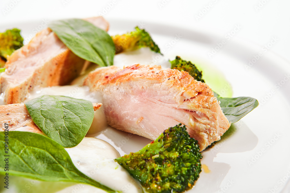 Turkey Fillet with Baked Cabbage Broccoli and Cheese Espuma