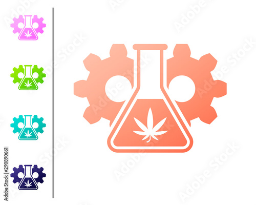 Coral Chemical test tube with marijuana or cannabis leaf icon isolated on white background. Research concept. Laboratory CBD oil concept. Set color icons. Vector Illustration