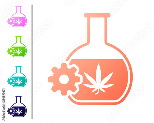 Coral Chemical test tube with marijuana or cannabis leaf icon isolated on white background. Research concept. Laboratory CBD oil concept. Set color icons. Vector Illustration