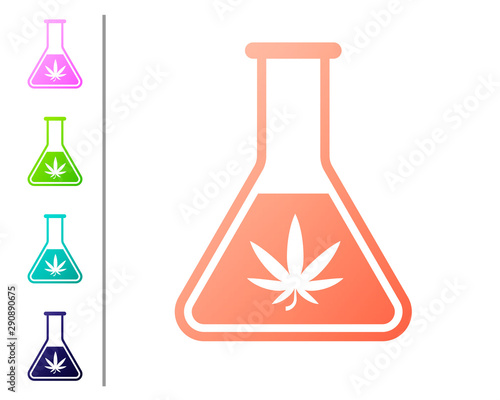 Coral Chemical test tube with marijuana or cannabis leaf icon isolated on white background. Research concept. Laboratory CBD oil concept. Set color icons. Vector Illustration
