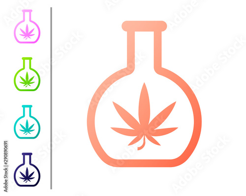 Coral Chemical test tube with marijuana or cannabis leaf icon isolated on white background. Research concept. Laboratory CBD oil concept. Set color icons. Vector Illustration