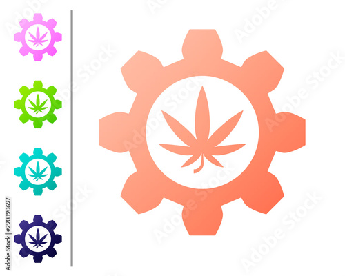 Coral Chemical test tube with marijuana or cannabis leaf icon isolated on white background. Research concept. Laboratory CBD oil concept. Set color icons. Vector Illustration