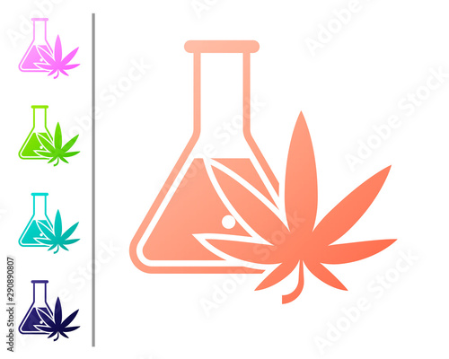 Coral Chemical test tube with marijuana or cannabis leaf icon isolated on white background. Research concept. Laboratory CBD oil concept. Set color icons. Vector Illustration