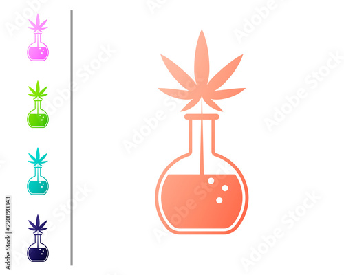 Coral Chemical test tube with marijuana or cannabis leaf icon isolated on white background. Research concept. Laboratory CBD oil concept. Set color icons. Vector Illustration