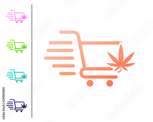 Coral Shopping cart with marijuana or cannabis leaf icon isolated on white background. Online buying. Delivery service. Supermarket basket. Set color icons. Vector Illustration