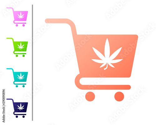 Coral Shopping cart with marijuana or cannabis leaf icon isolated on white background. Online buying. Delivery service. Supermarket basket. Set color icons. Vector Illustration