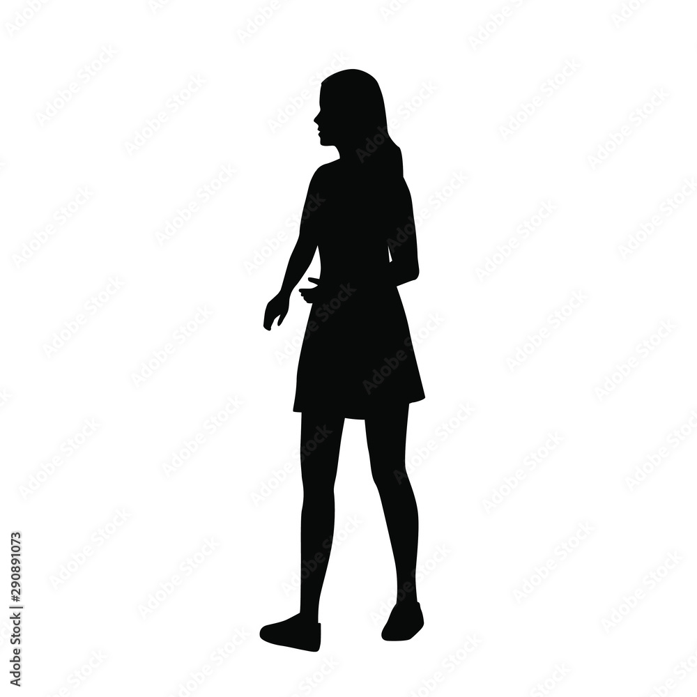 Silhouette of a woman in summer dress standing, business people,vector illustration, black color, isolated on white background