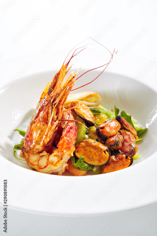 Exquisite Serving Warm Salad with Seafood and Avocado Exquisite Serving Warm Salad with Seafood and Avocado