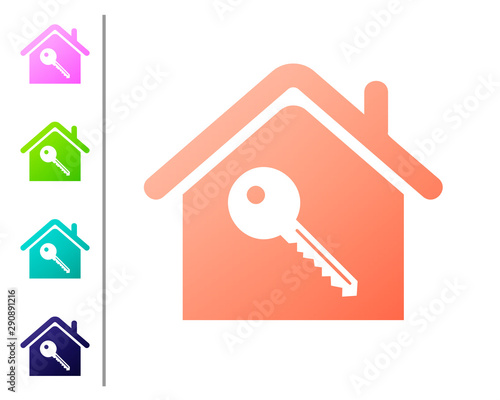 Coral House with key icon isolated on white background. The concept of the house turnkey. Set color icons. Vector Illustration