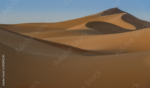 desert dune with highlights and shadows and a blue sky on the background 
