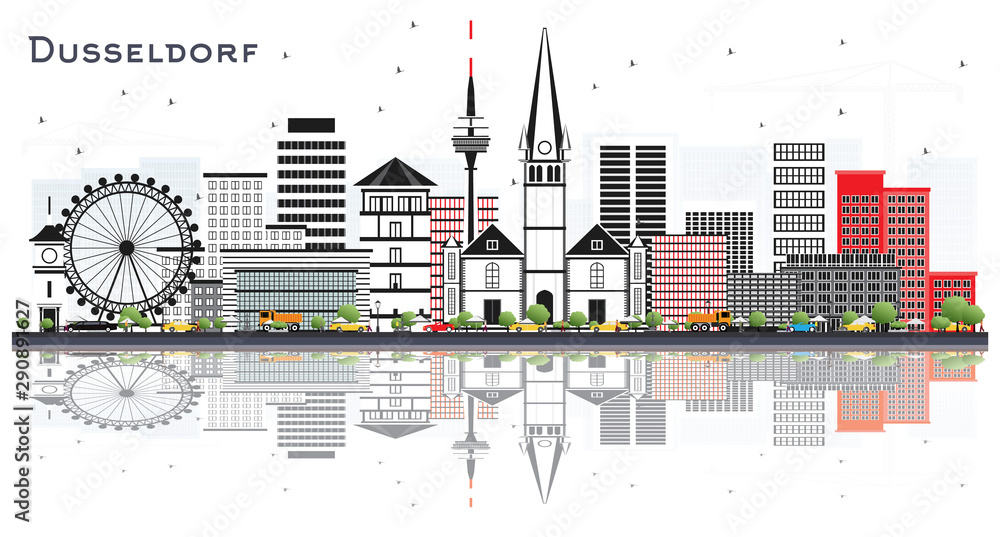 Dusseldorf Germany City Skyline with Color Buildings and Reflections Isolated on White.