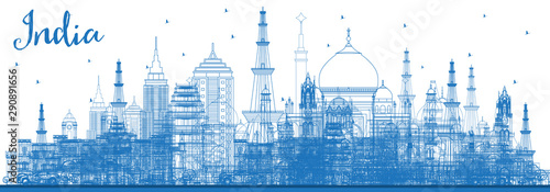 Outline India City Skyline with Blue Buildings. Delhi. Mumbai, Bangalore, Chennai.