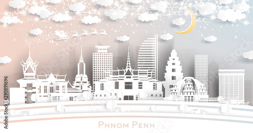 Phnom Penh Cambodia City Skyline in Paper Cut Style with Snowflakes, Moon and Neon Garland.