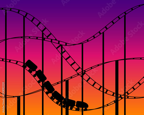 Rollercoaster silhouette on sunset sky background. Attractions vector illustration.