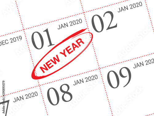 Close up of first day of the year 2020 on diary calendar.