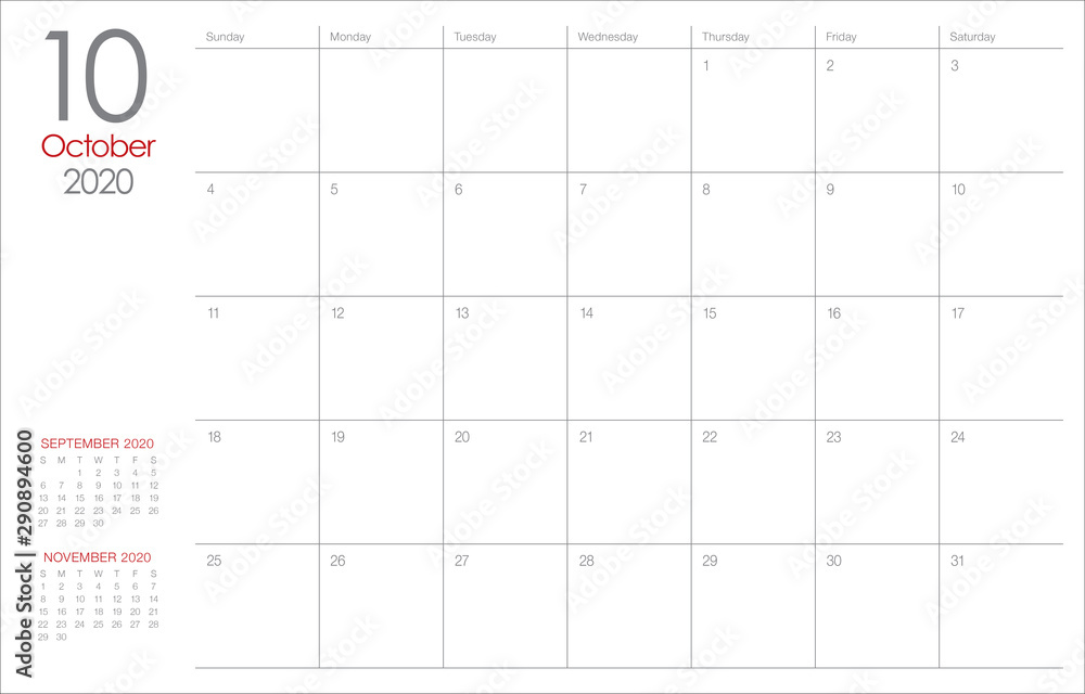 October 2020 desk calendar vector illustration October 2020 desk calendar vector illustration