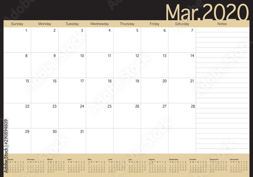 March 2020 desk calendar vector illustration